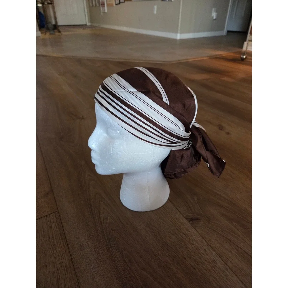 Echo Vintage 1970s Silk Brown and Cream Diagonal Stripe Square Scarf